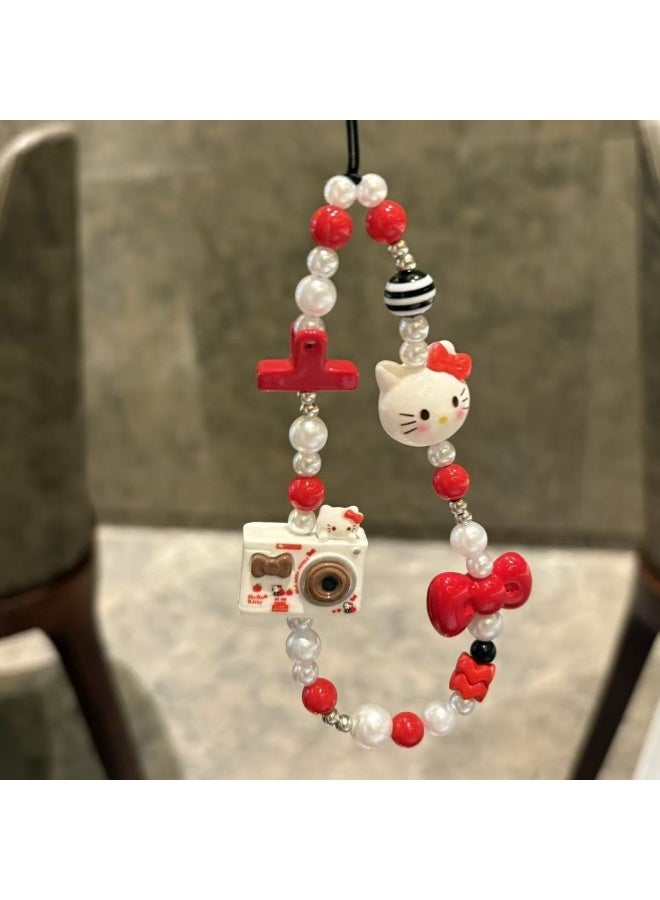 Nova future Kawaii Beaded Pearl Phone Charms Strap Cute Kitten Camera Bow Cell Phone Lanyard Wrist Strap - Image 2